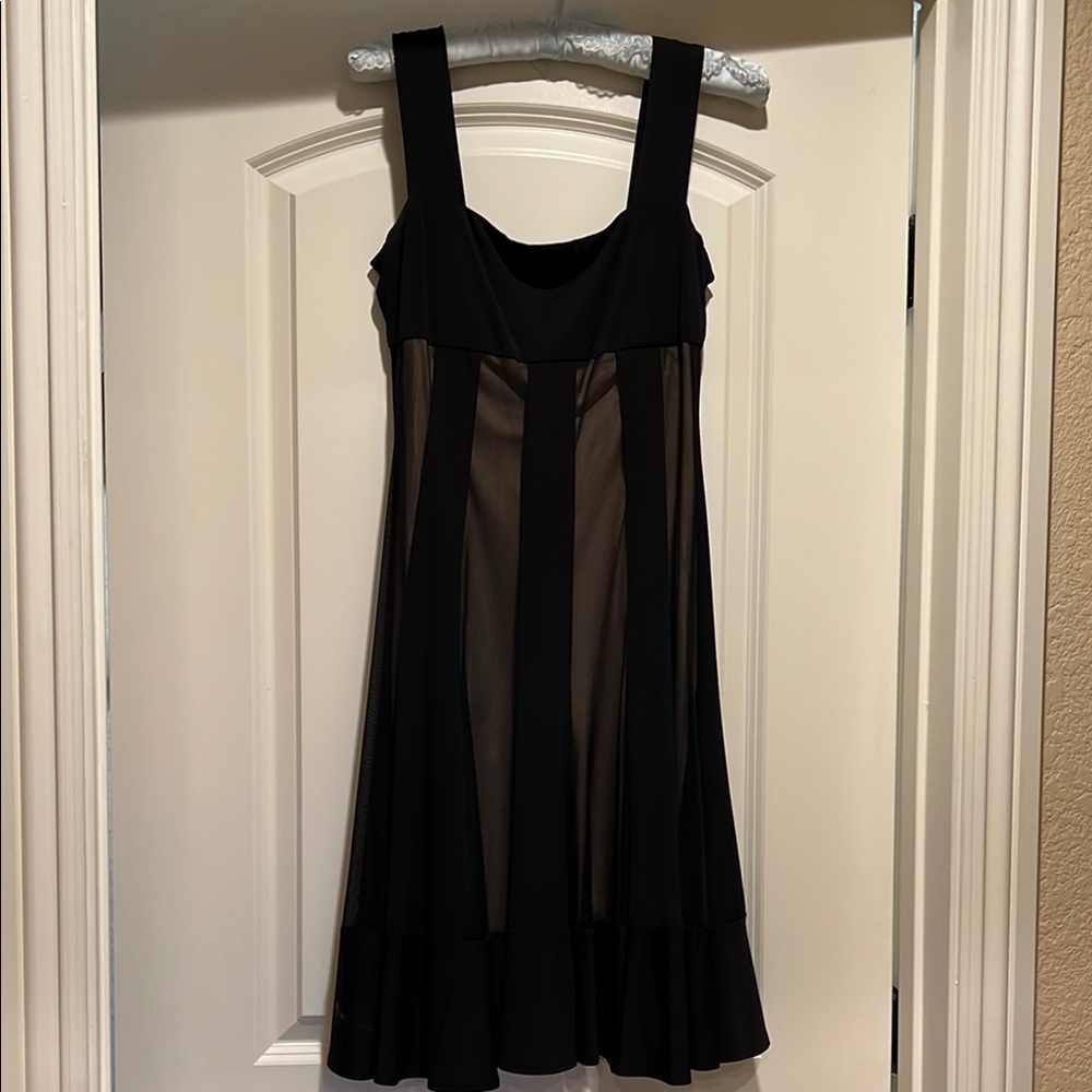Black and Tan A-line Cocktail Midi Dress with Square Neck